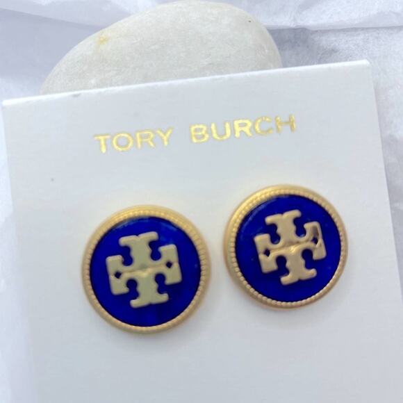 NWOT Tory Burch Gold Logo Dark Blue Medallion Stud Earrings - Picture 5 of 7